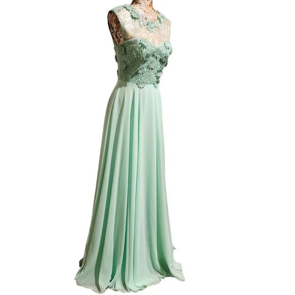 Formal Lt Green Rhinestones Floral Lace Sweetheart Bodice Long Gown Maxi Dress - Picture 8 of 15